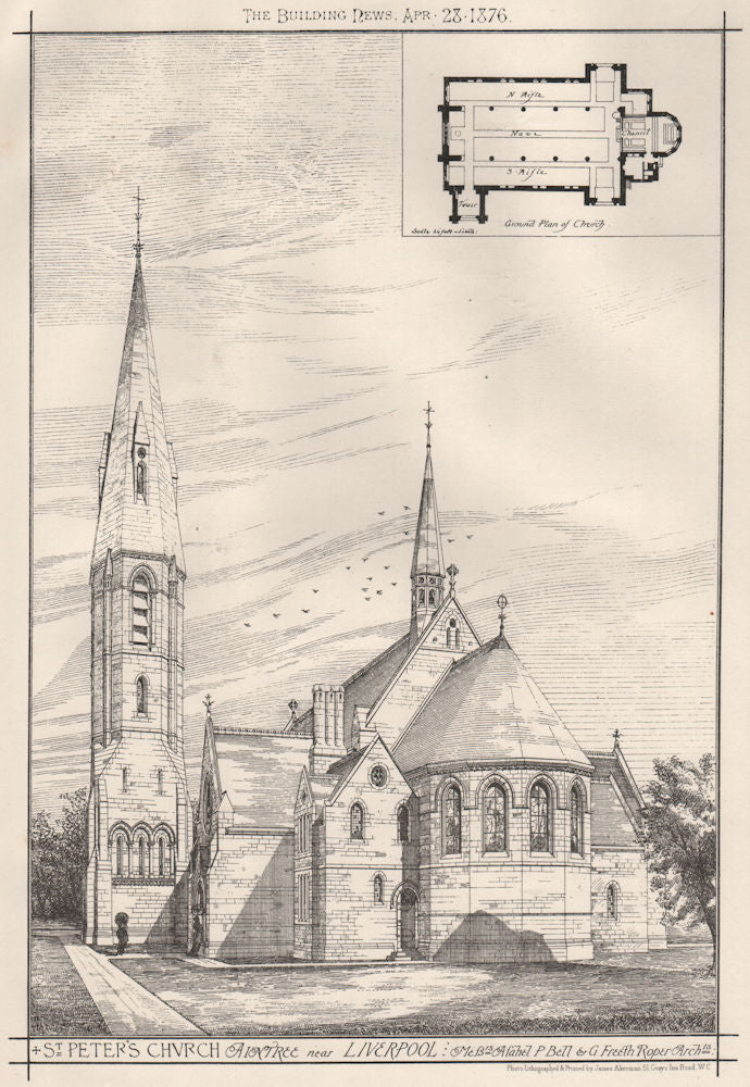 St Peter's Church, Aintree, Liverpool; Bell & Roper Architects 1876 old print